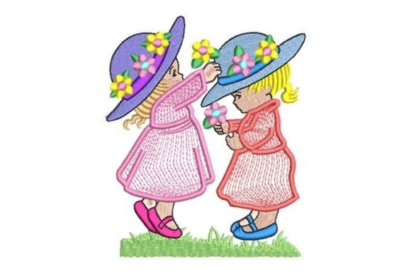 Girls with Hat Playing with Flowers: Embroidery Design